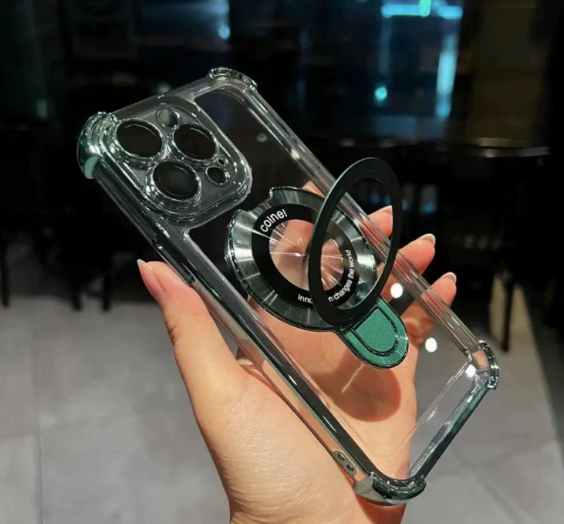 iPhone 13-17 Magnetic Phone Case with Electroplated Shockproof Stand-Compatible, Lens Protector Integrated, Four-Corner Drop Protection, MagSafe