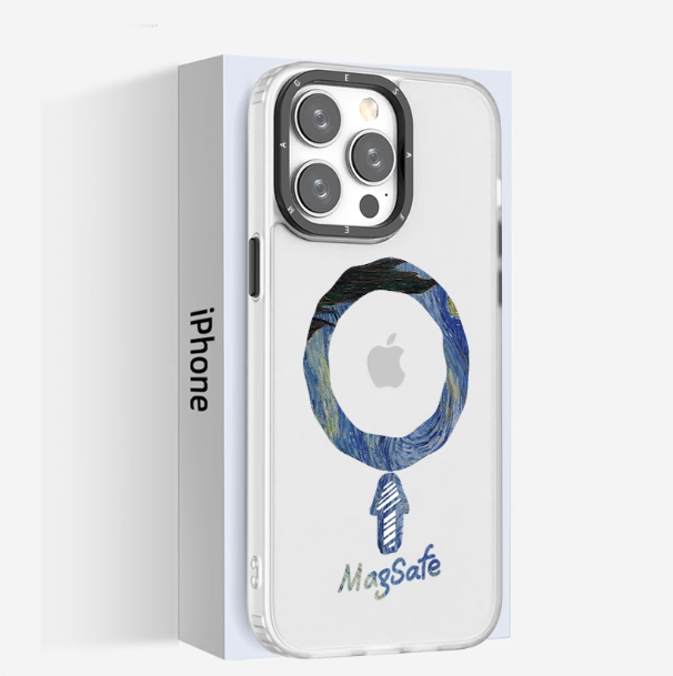 غطاء هاتف بتصميم مغناطيسي لـ iPhone من نوع MagSafe، يحمي الهاتف من الكسر بالكامل، تصميم فني بلونين متناقضين على طريقة فان جوخ، متوافق مع جميع الموديلات من الجيل 17 و15 بلاس و14 و13 و12 و11 ماكس، يدعم الشحن اللاسلكي مع تأثيرات حركية، غطاء بملمس خشن أنيق وبسيط