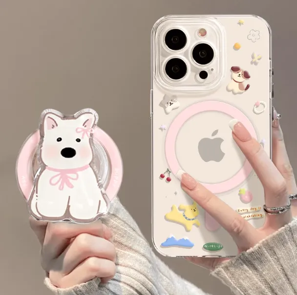 Fundas magnéticas para iPhone 15/14 con diseño de cachorros tiernos en diferentes estilos, soporte retráctil oculto, carga inalámbrica rápida y funda transparente antichoque suave