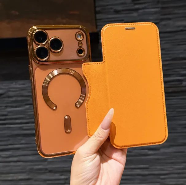 Magnetisches Business-Lederetui für iPhone 17 Pro Max | Elektrisch veredeltes Klappe-Schutzcase mit Wireless Charging Unterstützung | Kompatibel mit 15 Plus/14 Pro/17 Air | Hochwertiges transparentes Design mit Kartenfach | MagSafe starkes Magnetfeld zum Anschließen an Apple-Geräte